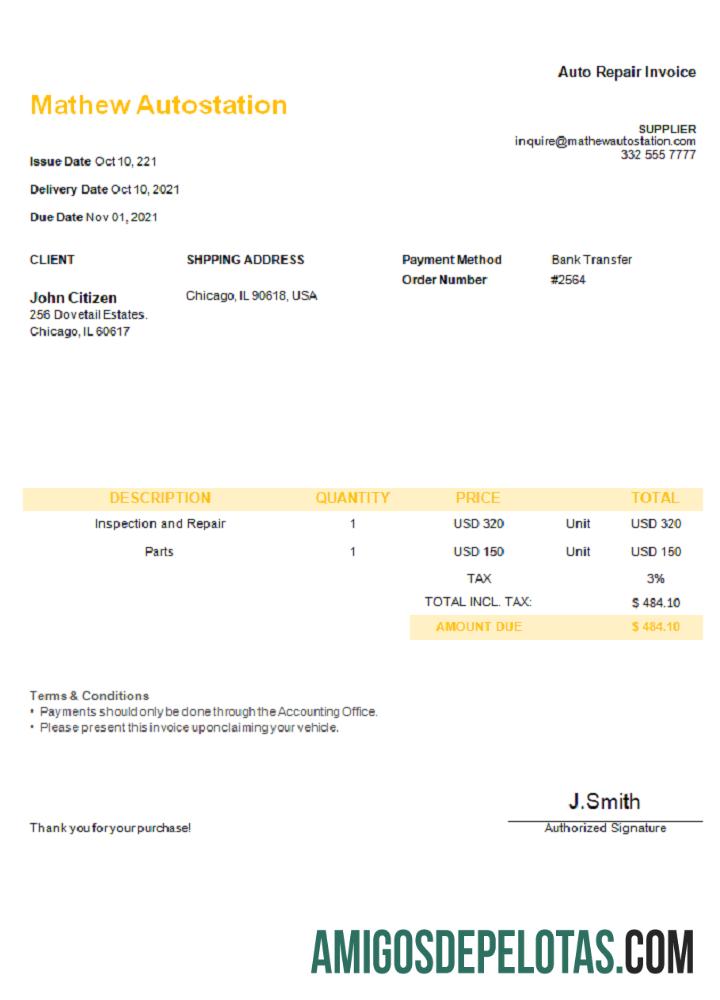 Fatura da Mathew Autostation dos EUA modelo